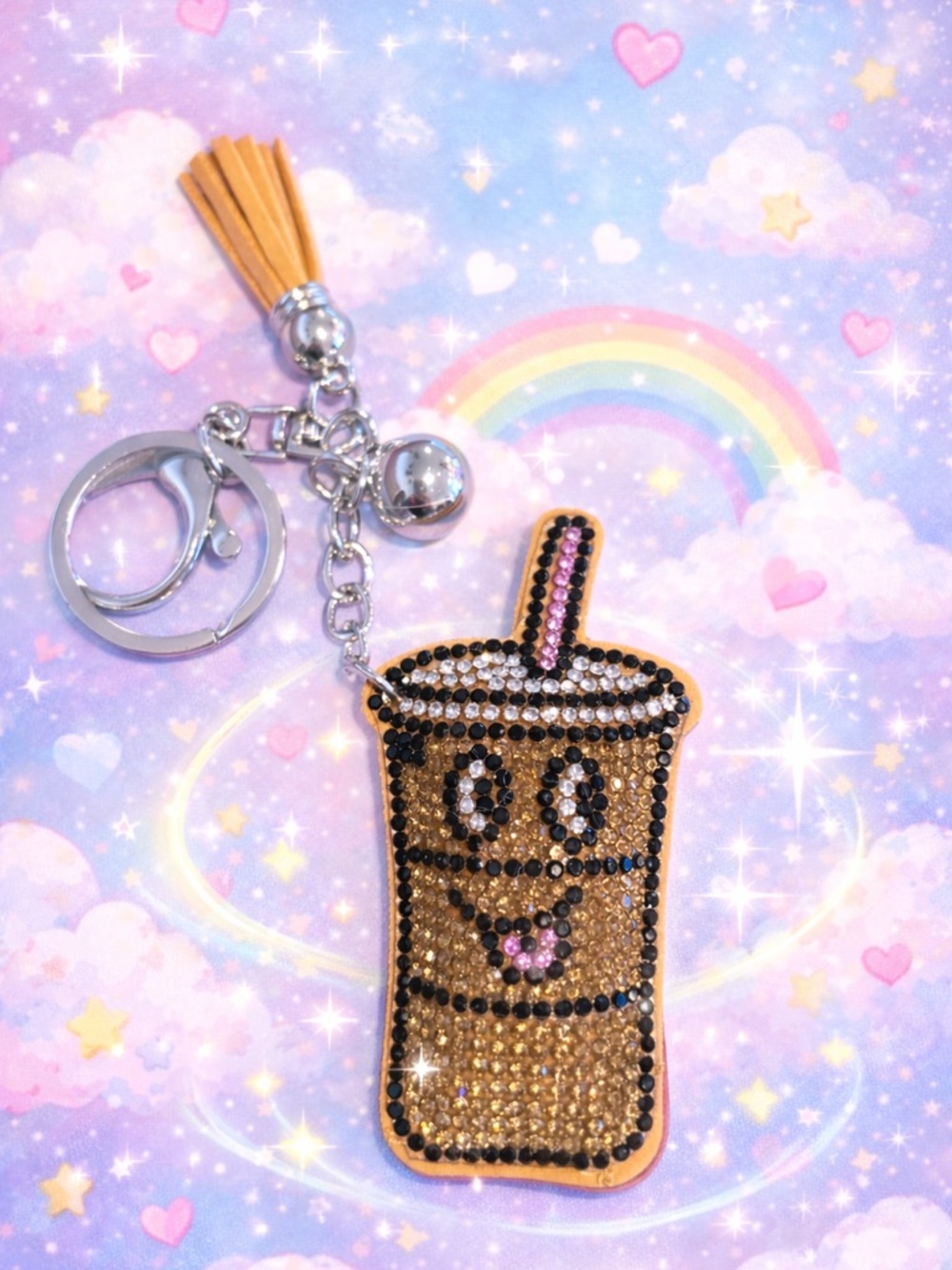 Crystal Beaded drink Keychain - Brown & Pink